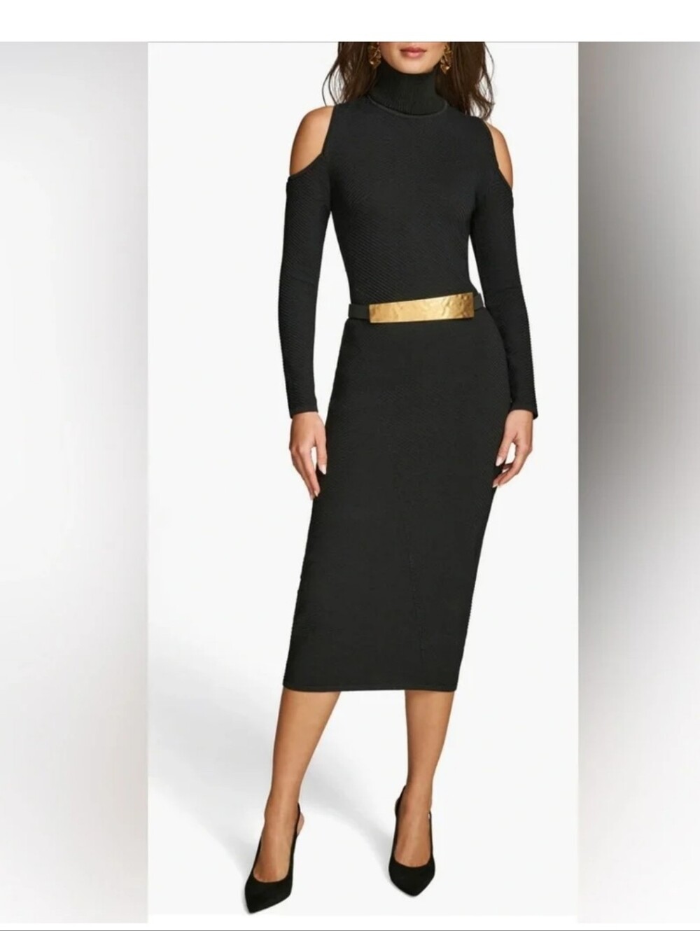 Donna Karan NWT Black Cold Shoulder Knit Sweater Dress Sz PM PL $159 No Belt